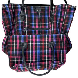 Retro Woman Within Plaid Travel Flannel Cabin Vacation Road Trip 2 Bag Set